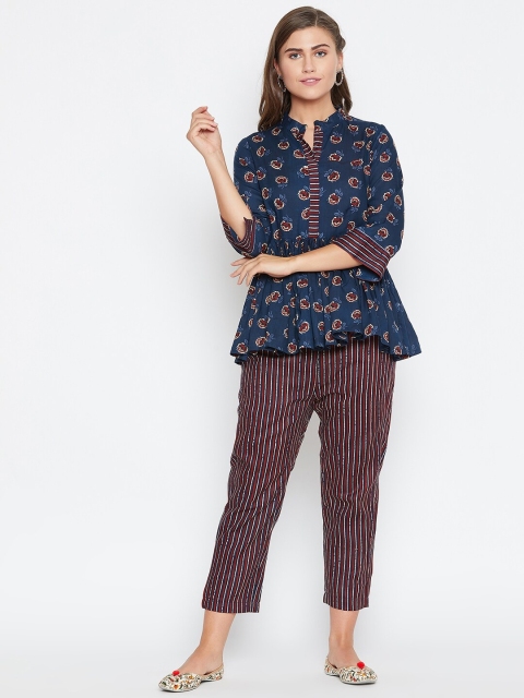 

TULIP 21 Women Navy Blue & Brown Printed Tunic with Trousers