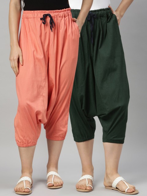 

Kryptic Women Pack of 2 Green & Peach Solid Harem Pants