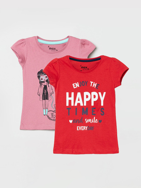 

max Girls Red & Pink Set Of 2 Printed Tshirts