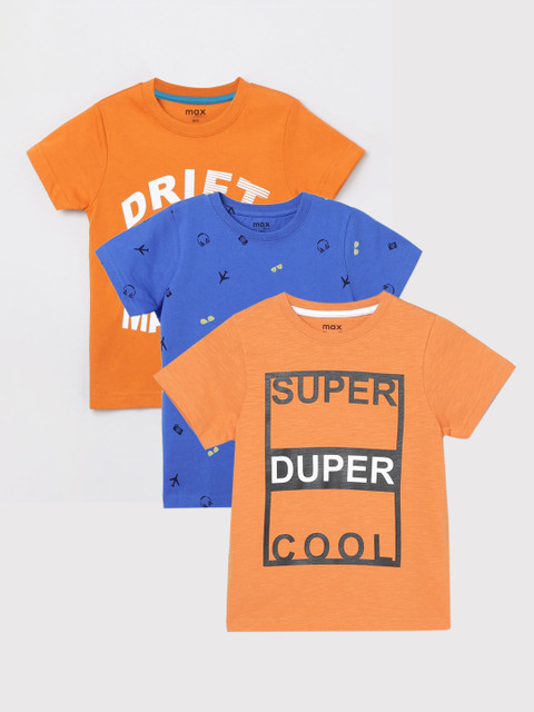 

max Boys Orange & Blue Set Of 3 Typography Printed T-shirt