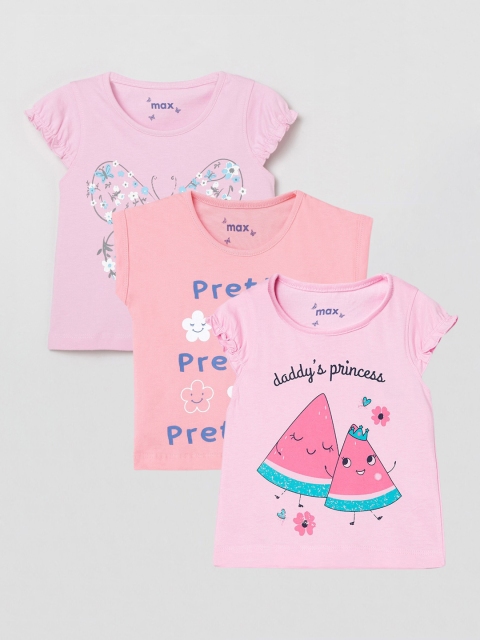 

max Girls Pack of 3 Printed Cotton Tshirts, Pink