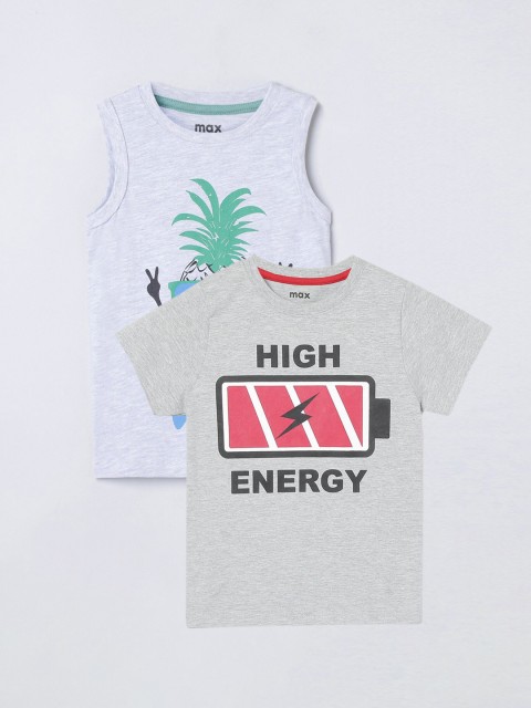 

max Boys Grey Set Of 2 Typography Printed T-shirts