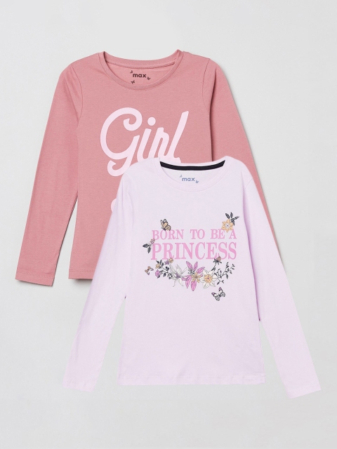

max Girls Purple Set Of 2 Typography Printed T-shirts