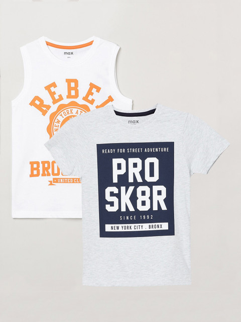 

max Boys Grey Melange & Blue Set Of 2 Printed T-shirts