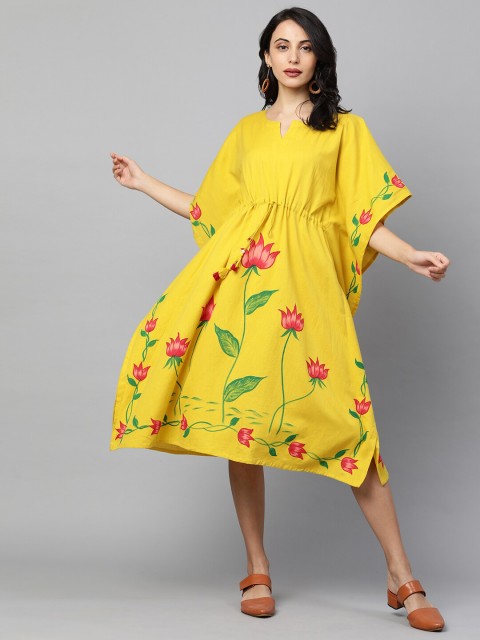 

FASHOR Mustard Yellow & Red Floral Hand Painted Kaftan Midi Dress