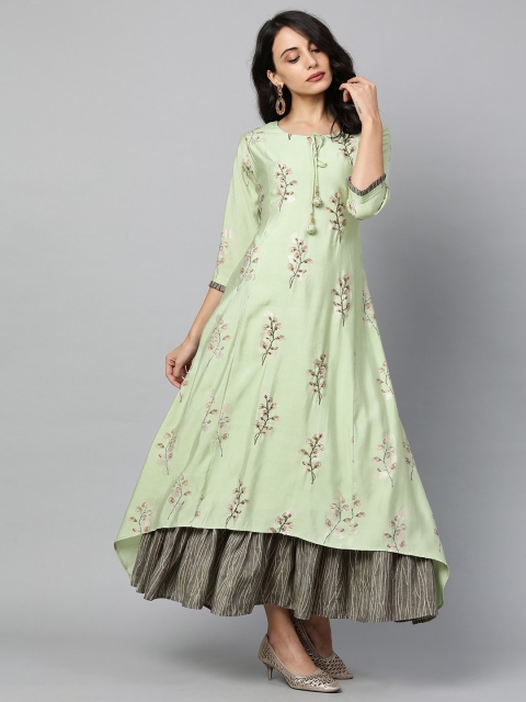 

FASHOR Green Ethnic Motifs Tie-Up Neck Layered Ethnic Maxi Dress