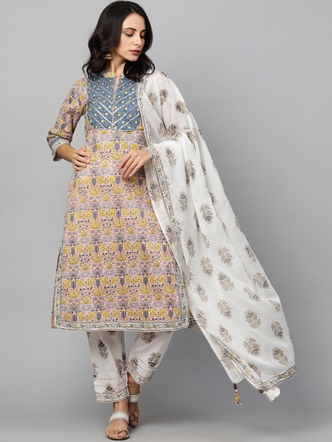 

FASHOR Women Peach-Coloured Ethnic Motifs Printed Gotta Patti Pure Cotton Kurta with Trousers & With Dupatta