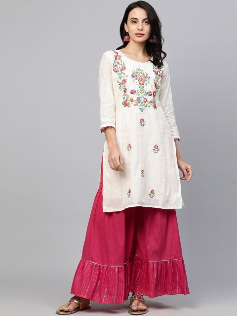 

FASHOR Women Off White Floral Embroidered Thread Work Pure Cotton Kurti with Sharara