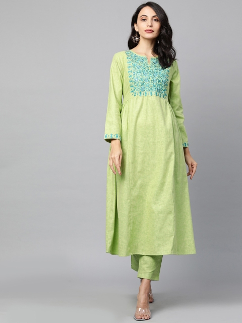

FASHOR Women Green Yoke Design Cotton Linen Thread Work Kurta with Trousers