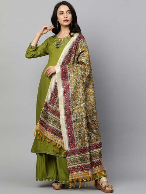 

FASHOR Women Green Angrakha Mirror Work Kurta with Palazzos & Dupatta