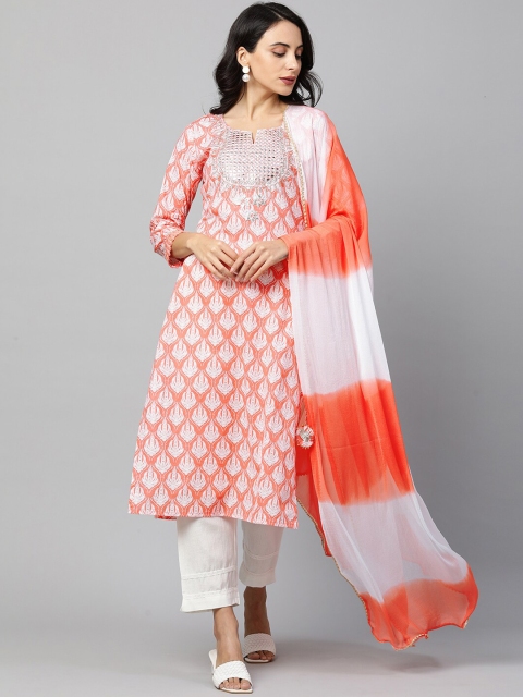 

FASHOR Women Peach Gotta Patti Pure Cotton Kurta with Trousers & Dupatta