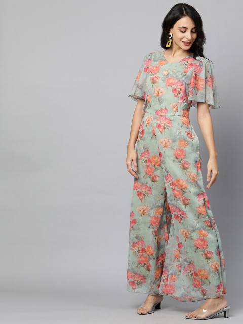 

FASHOR Green & Red Printed Basic Jumpsuit