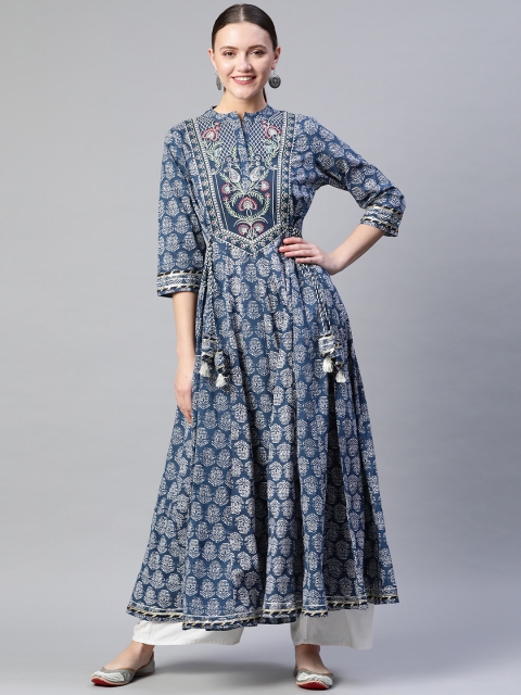 

Readiprint Fashions Navy Blue & White Batik Print Panelled Cotton Zari Anarkali Kurta