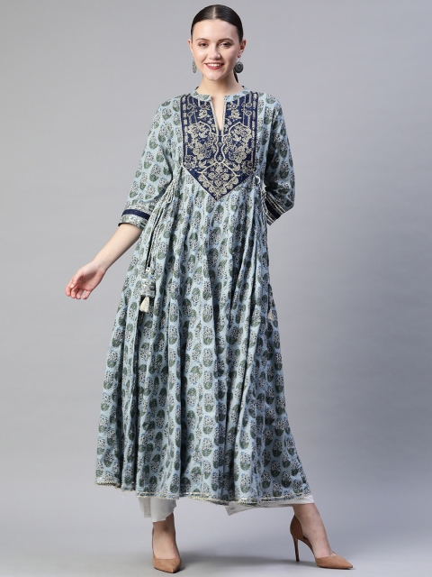 

Readiprint Fashions Blue & Green Batik Floral Printed Cotton Zari Anarkali Kurta