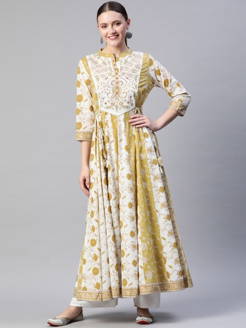 

Readiprint Fashions Mustard Yellow & White Batik Floral Printed Cotton Zari Anarkali Kurta