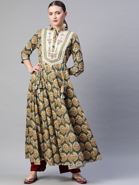 

Readiprint Fashions Olive Green & Mustard Yellow Batik Print Zari Cotton Anarkali Kurta