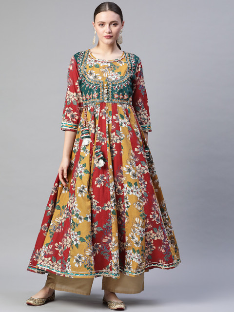 

Readiprint Fashions Women Mustard Yellow & Green Cotton Floral Print Zari Anarkali Kurta