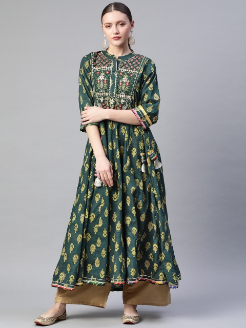 

Readiprint Fashions Women Green Floral Yoke Design Cotton Floral Anarkali Kurta