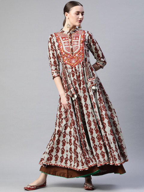 

Readiprint Fashions Women Grey & Coffee Brown Paisley Print Cotton Zari Anarkali Kurta
