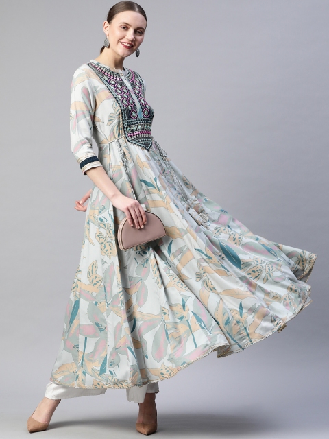 

Readiprint Fashions Green & Orange Floral Printed Tie-Ups Panelled Anarkali Kurta