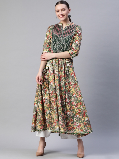 

Readiprint Fashions Green & Pink Batik Floral Print Zari Cotton Tie-Ups Anarkali Kurta