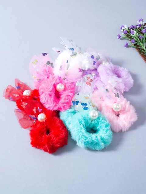 

Golden Peacock Women Set Of 12 Multicolour Furry Ponytail Holders, Pink