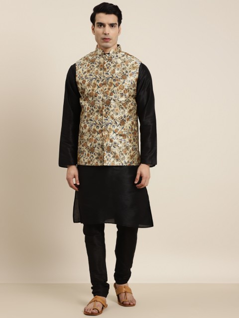 

SOJANYA Men Black & Beige Kurta with Churidar & Printed Nehru Jacket