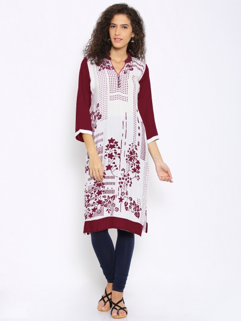 

Soch Outlet Women White & Maroon Printed Straight Kurta
