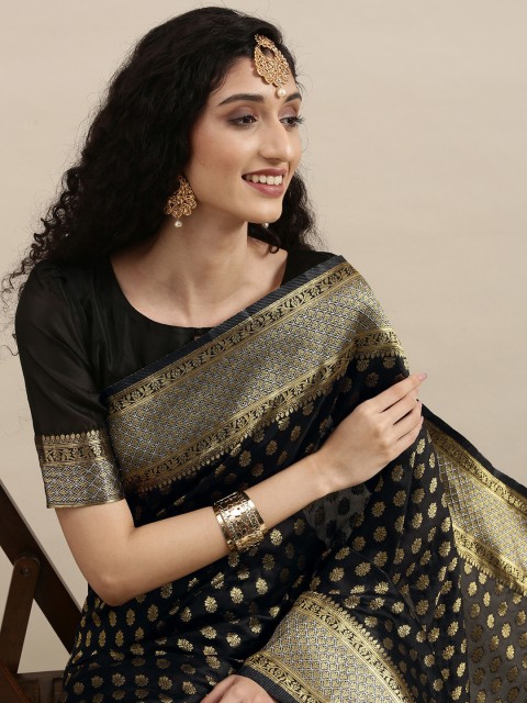 

Mitera Black & Gold-Toned Woven Design Silk Blend Saree