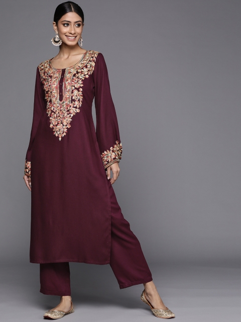 

Libas Women Maroon & Beige Ethnic Motifs Yoke Design Straight Winter Kurta with Trousers