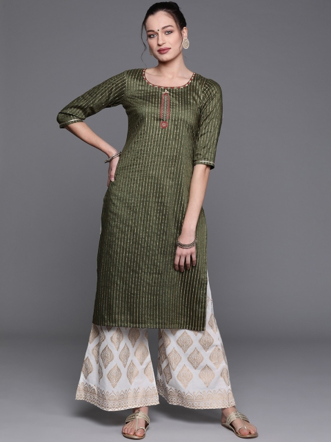 

Libas Women Olive Green & Gold Striped Thread Work Chanderi Silk Straight Kurta