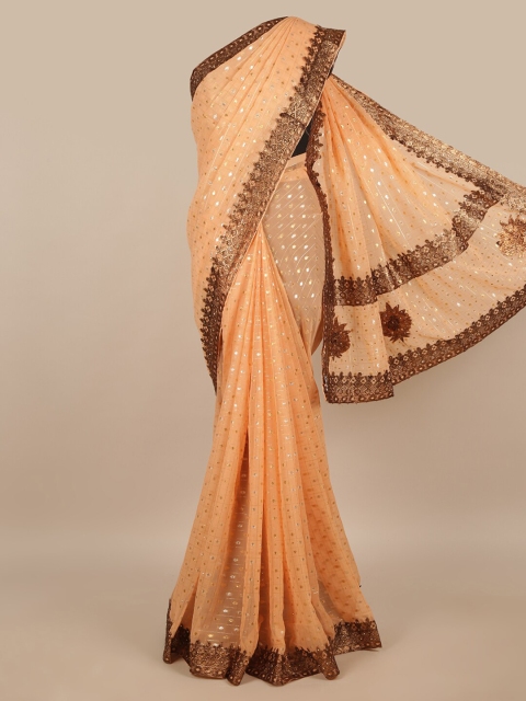 

Pothys Peach-Coloured & Copper-Toned Ethnic Motifs Embroidered Saree