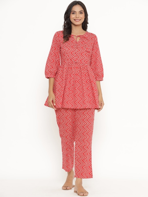 

JISORA Women Red & White Printed Cotton Night Suit