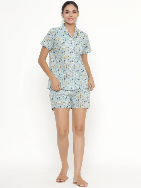 

JISORA Women Blue & White Printed Night suit