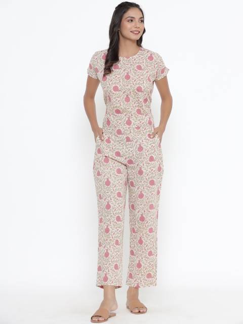 

JISORA Women Pink & Grey Printed Night suit