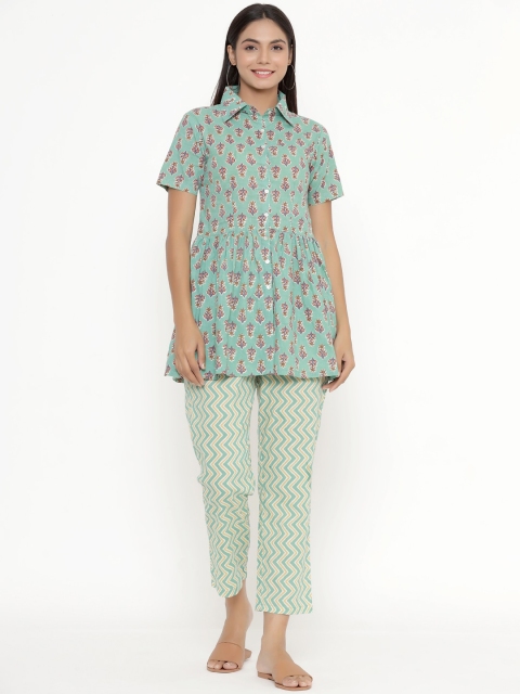

JISORA Women Green & Pink Printed Night Suit
