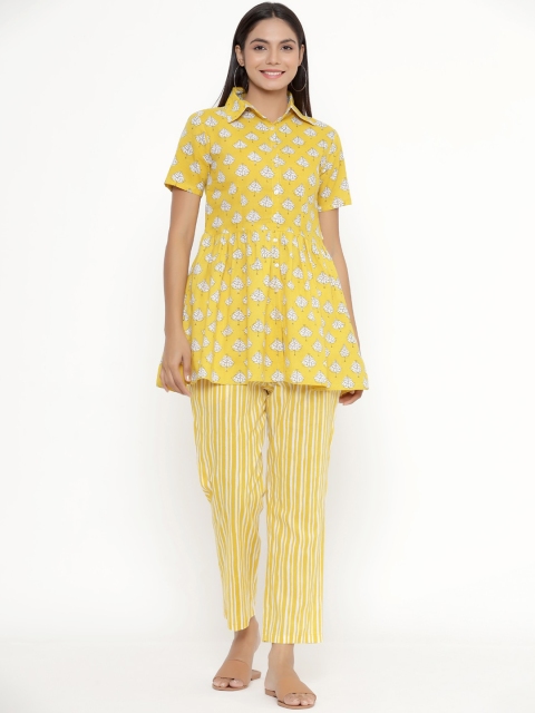 

JISORA Women Yellow & White Printed Cotton Night Suit