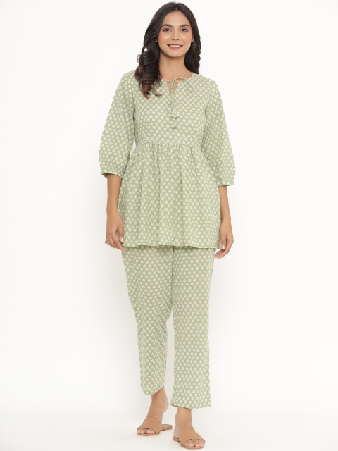 

JISORA Women Green & White Printed Night suit