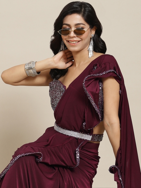

Mitera Maroon Solid Ready to Wear Saree with Ruffles