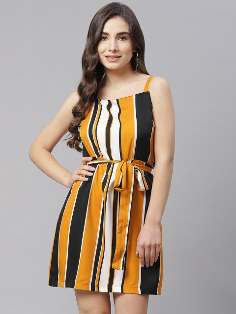 

SIRIKIT Mustard Yellow & Black Striped Crepe A-Line Dress