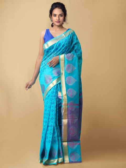 

Unnati Silks Blue & Pink Ethnic Motifs Zari Silk Cotton Chanderi Saree