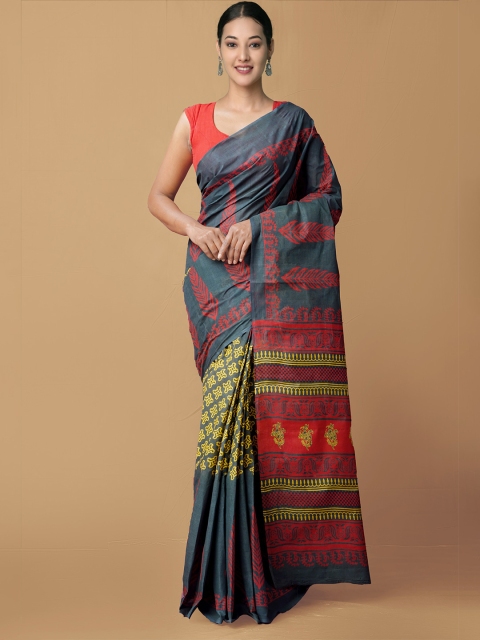 

Unnati Silks Grey & Red Ethnic Motifs Pure Cotton Block Print Saree