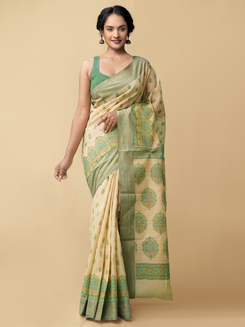 

Unnati Silks Brown & Green Ethnic Motifs Kasavu Saree