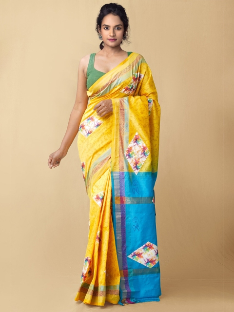 

Unnati Silks Yellow & Blue Floral Zari Silk Cotton Chettinad Saree