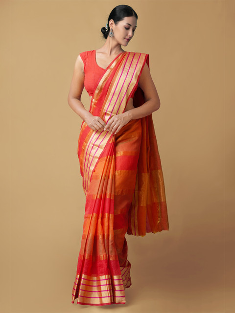 

Unnati Silks Red & Orange Striped Silk Cotton Banarasi Saree