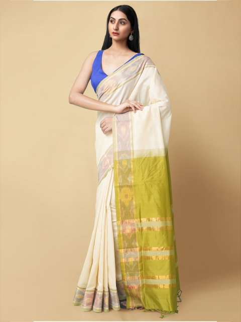 

Unnati Silks Cream-Coloured & Green Silk Cotton Uppada Saree