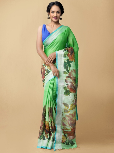 

Unnati Silks Green & Brown Floral Zari Pure Linen Jamdani Saree
