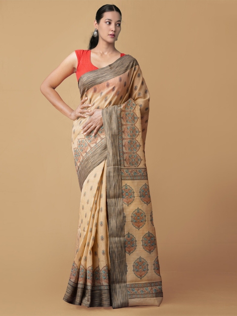 

Unnati Silks Brown & Teal Blue Floral Kasavu Saree