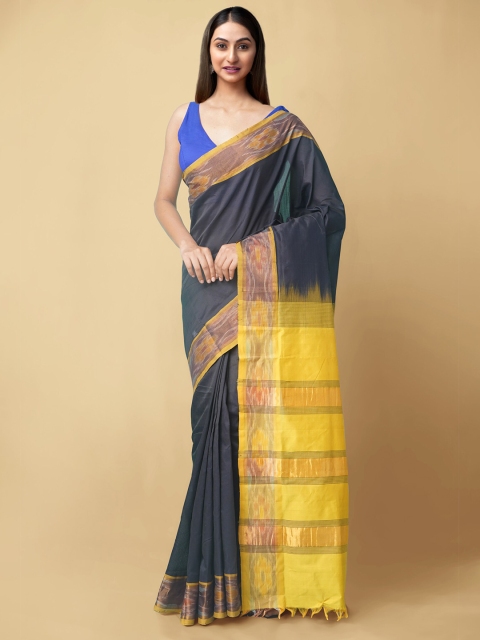 

Unnati Silks Black & Yellow Silk Cotton Uppada Saree