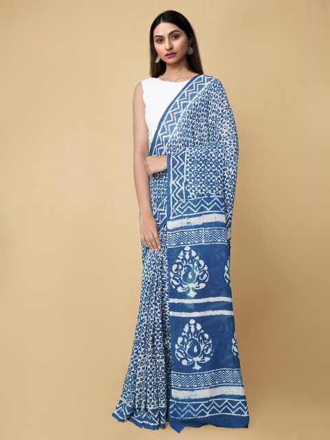 

Unnati Silks Blue & White Dabu Pure Cotton Dabu Saree